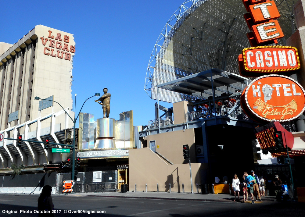 The Las Vegas Club’s iconic baseball player looks out over Main Street a few days before it is removed forever. 